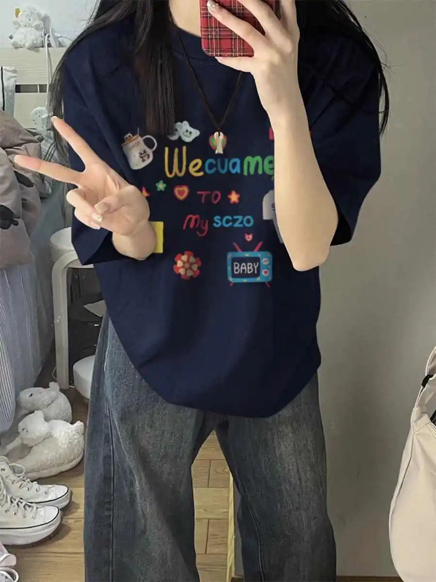 

Женская рубашка с мультяшным принтом и круглым вырезом, рубашка с короткими рукавами, женский пуловер в стиле ретро, свитер, летняя футболка для молодых девушек