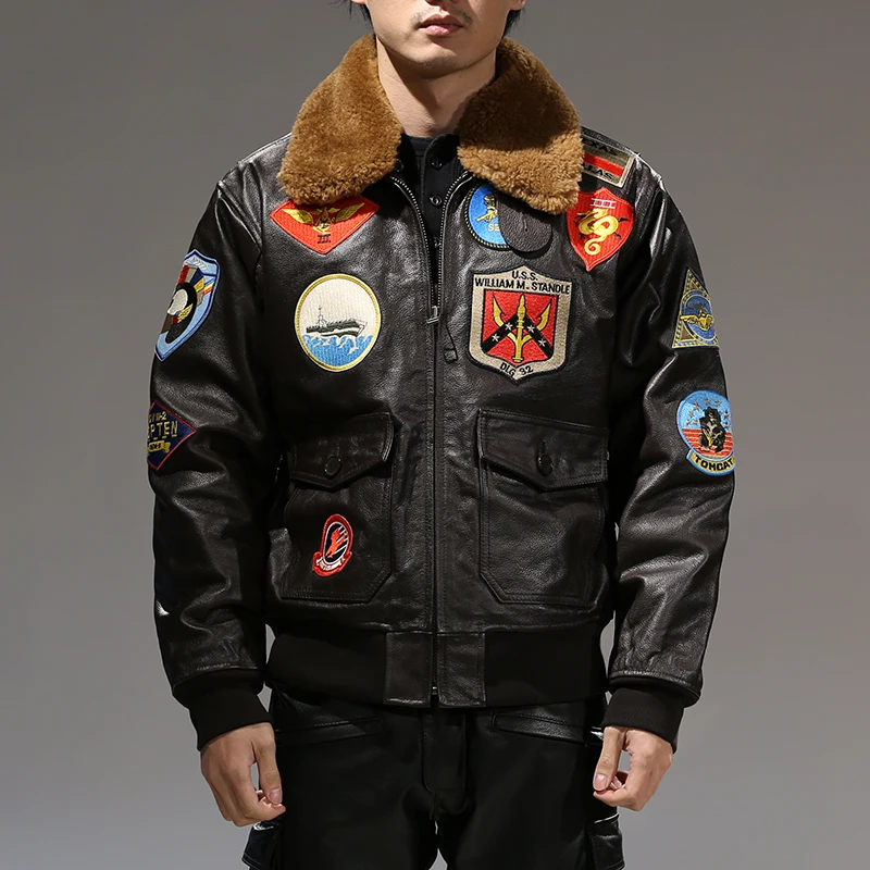 Top Gun G1 Bomber Jackets Brown Black Embroidery Classic Cruise Motorcycle Coat Lamb Collar Men Cow Skin Clothing