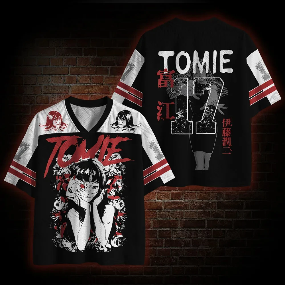 Japanese Horror Manga Girl Print Jersey – Retro Short-Sleeve Soccer Shirt (No. 17) – Loose-Fit Gothic Anime Streetwear Top