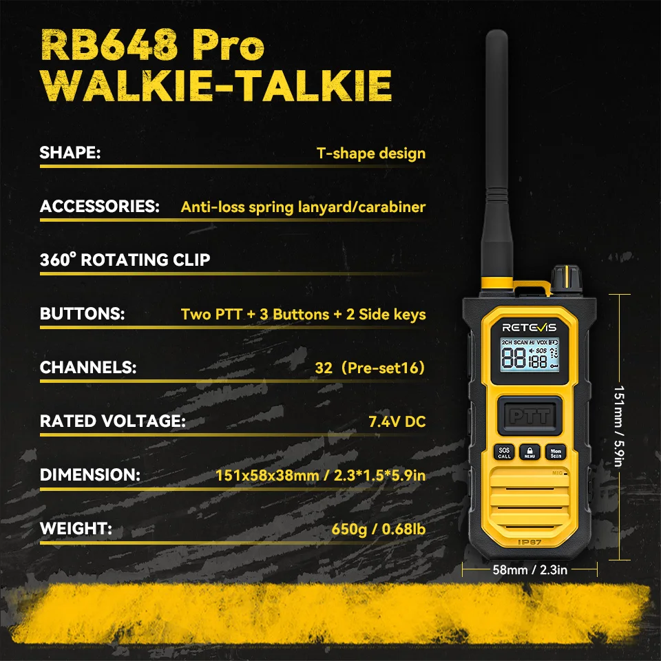 Retevis RB648Pro Walkie Talkie Long Range 2800mAh Battery 18 Hour Use AI Noise Reduction IP67 Waterproof One Key Group Call