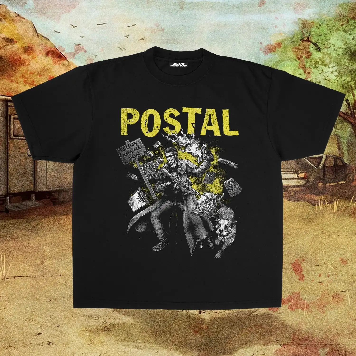 Camiseta gráfica humorística de acción de Postal Dude, camiseta negra de videojuegos con armas de Postal Dude, camiseta con cuello redondo, ropa para hombre y mujer