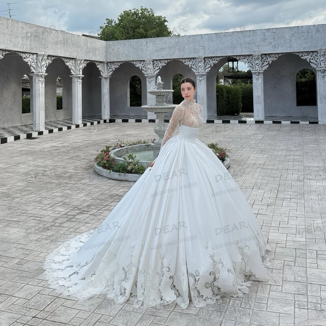 فساتين زفاف دانتيل أنيقة مثيرة على شكل حرف A سويب تراين للنساء زي العرائس ساتان رسمي كم طويل مخصص فيستدوس دي نوفيا