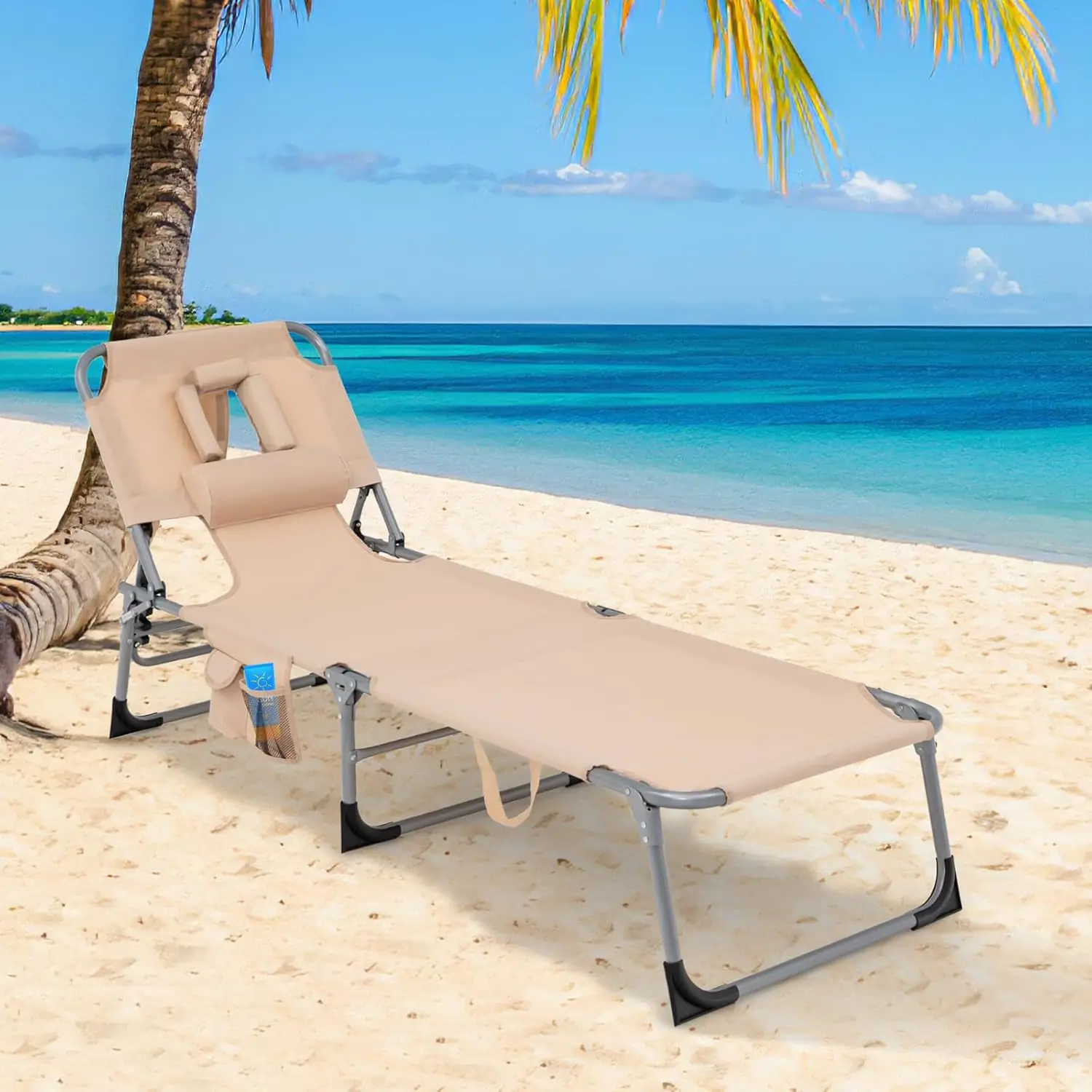 

Tanning Chair, Folding Adjustable Patio Lounge Chair with Face Hole, Removable Pillow, 330LBS, Carry Strap, Sunbathing Chair