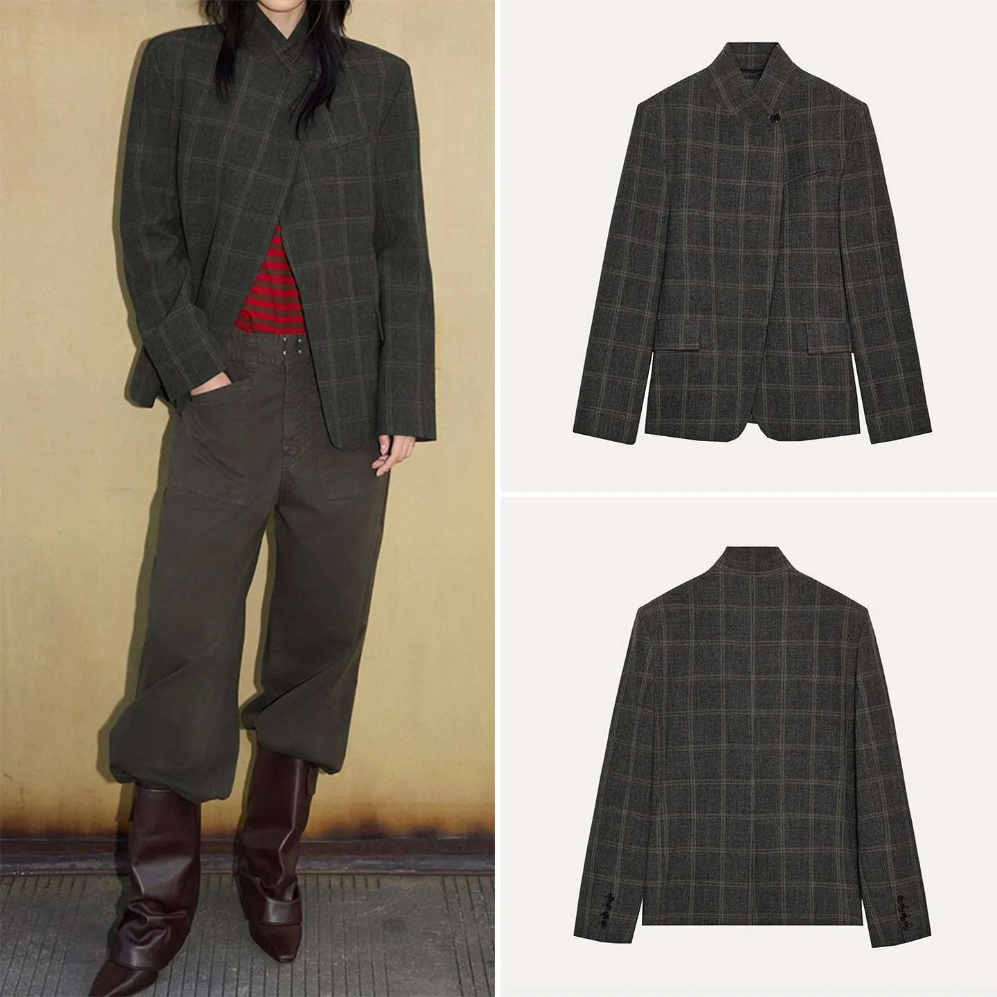 

Новая женская зимняя куртка 2025 года: модный, простой, клетчатый пиджак-блейзер с воротником-стойкой, длинный, на пуговицах, для женщин