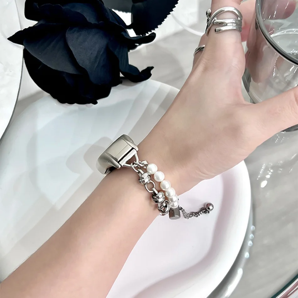 สายนาฬิกาสำหรับ Xiaomi Mi band 8 7 6 5สายนาฬิกาแฟชั่นสร้อยข้อมือโซ่โลหะมุกเปลี่ยนสำหรับ miband 5 6 4 3สายรัดข้อมือ Correa