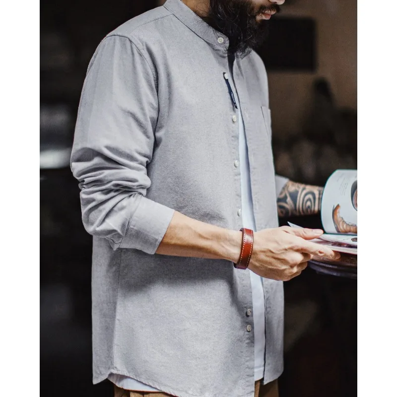 2026 Tooling American Oxford Cloth Long Sleeve Shirt High Neck Stand-up Neck Oxford Spinning Cotton Shirt Jacket Men's Spring
