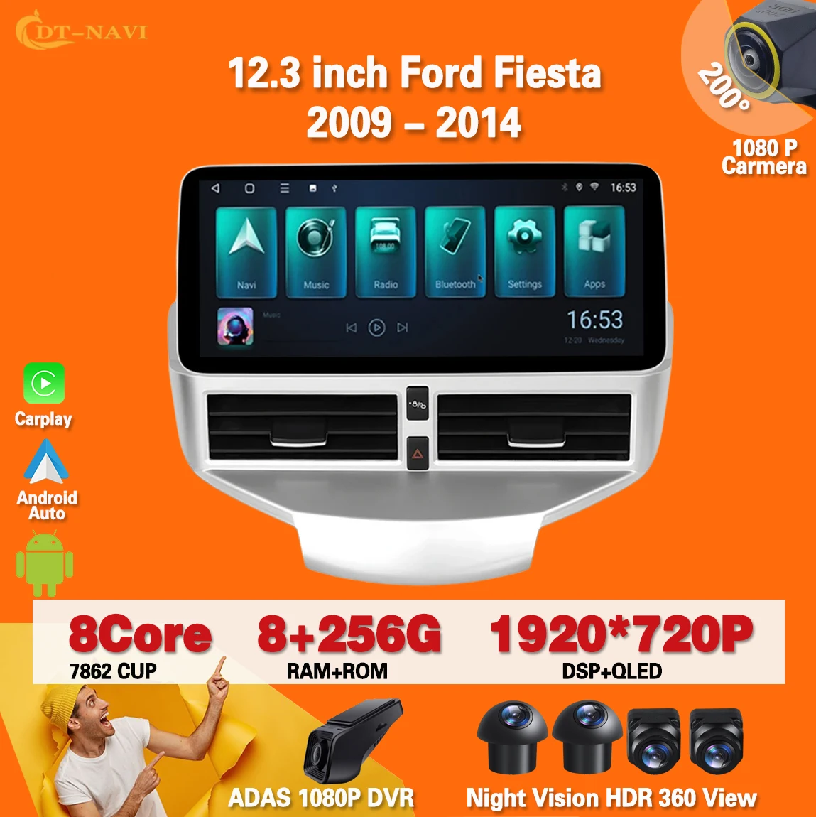 

12,3-дюймовый автомобильный радиоприемник Android 13 для Ford Fiesta 2009-2014, мультимедийный плеер, навигация, Carplay, WIFI, 4G, плеер, стерео GPS, без 2Din