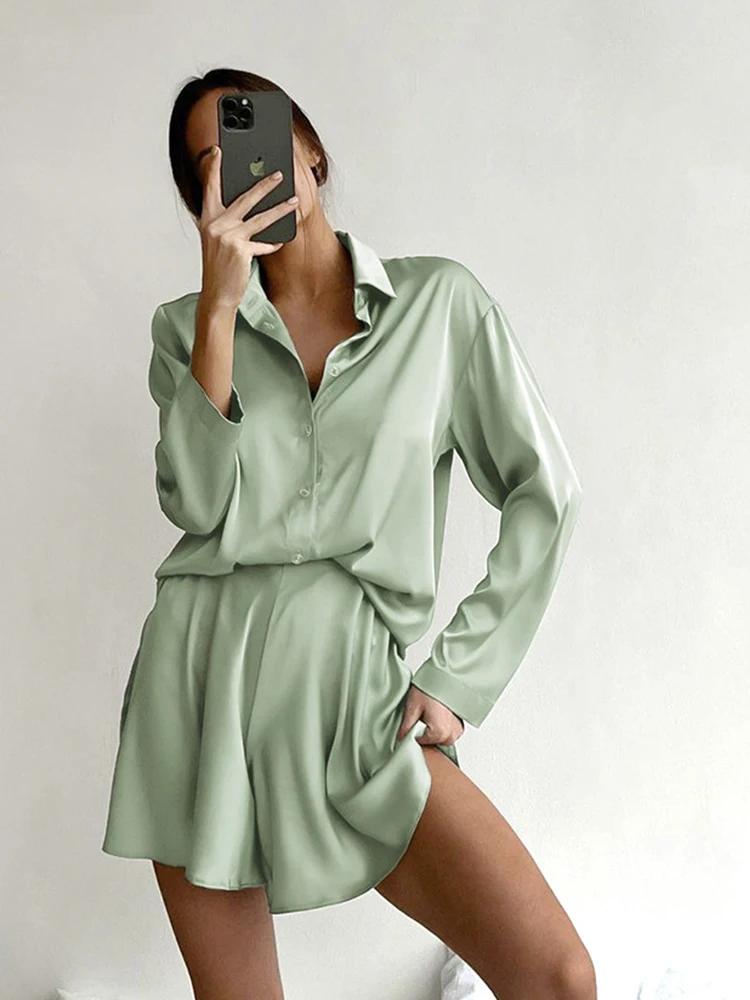 Mumaroho 2023 Women Autumn Winter Homewear Solid Sleepwear Pajamas Sets Suit Silk Long Sleeve Sleep Tops Shorts Sets