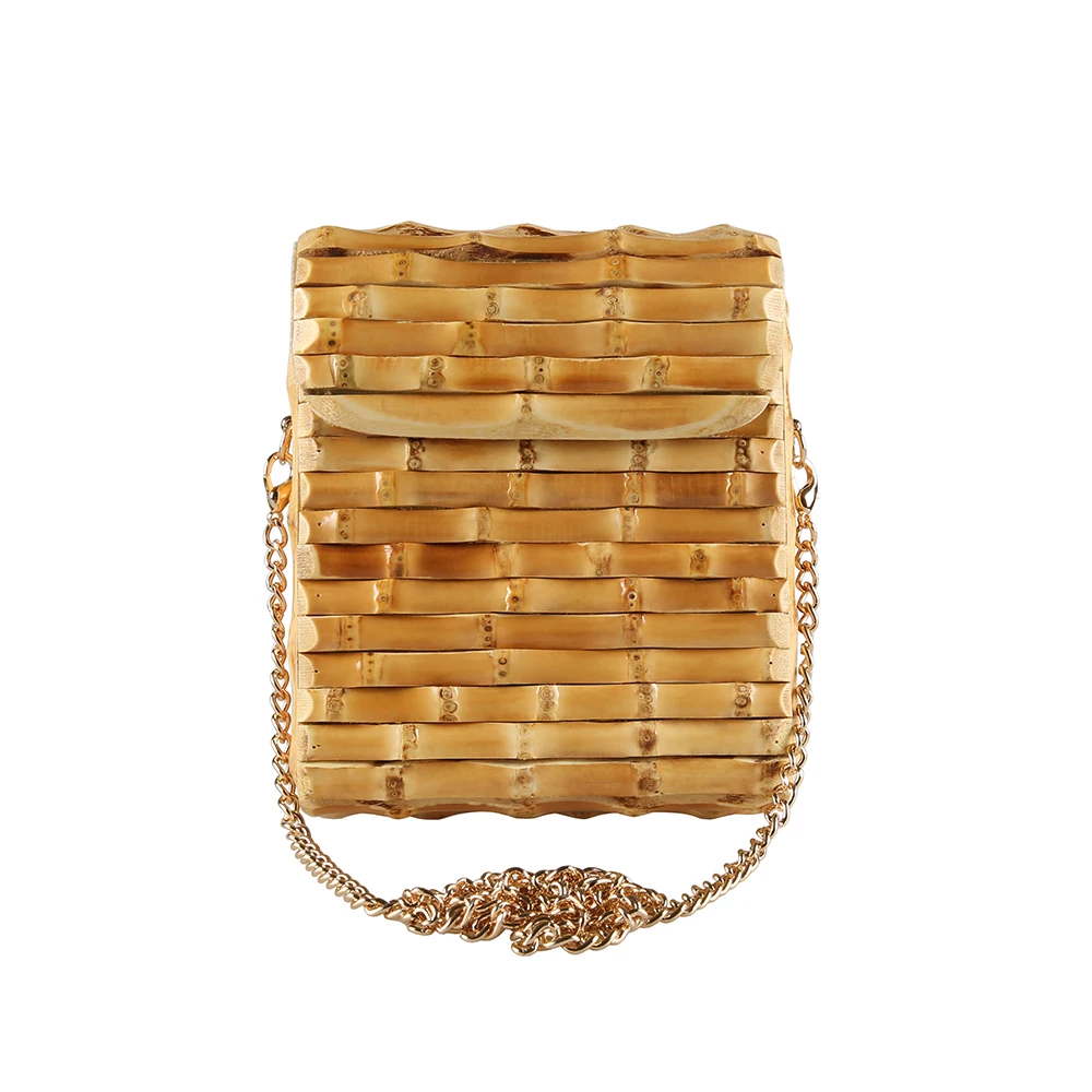 Handmade Unique Natural Bamboo Root Wallet Small Rectangle Purse Handbag Chain Mobile Cellphone Phone Bag Crossbody Shoulder Bag