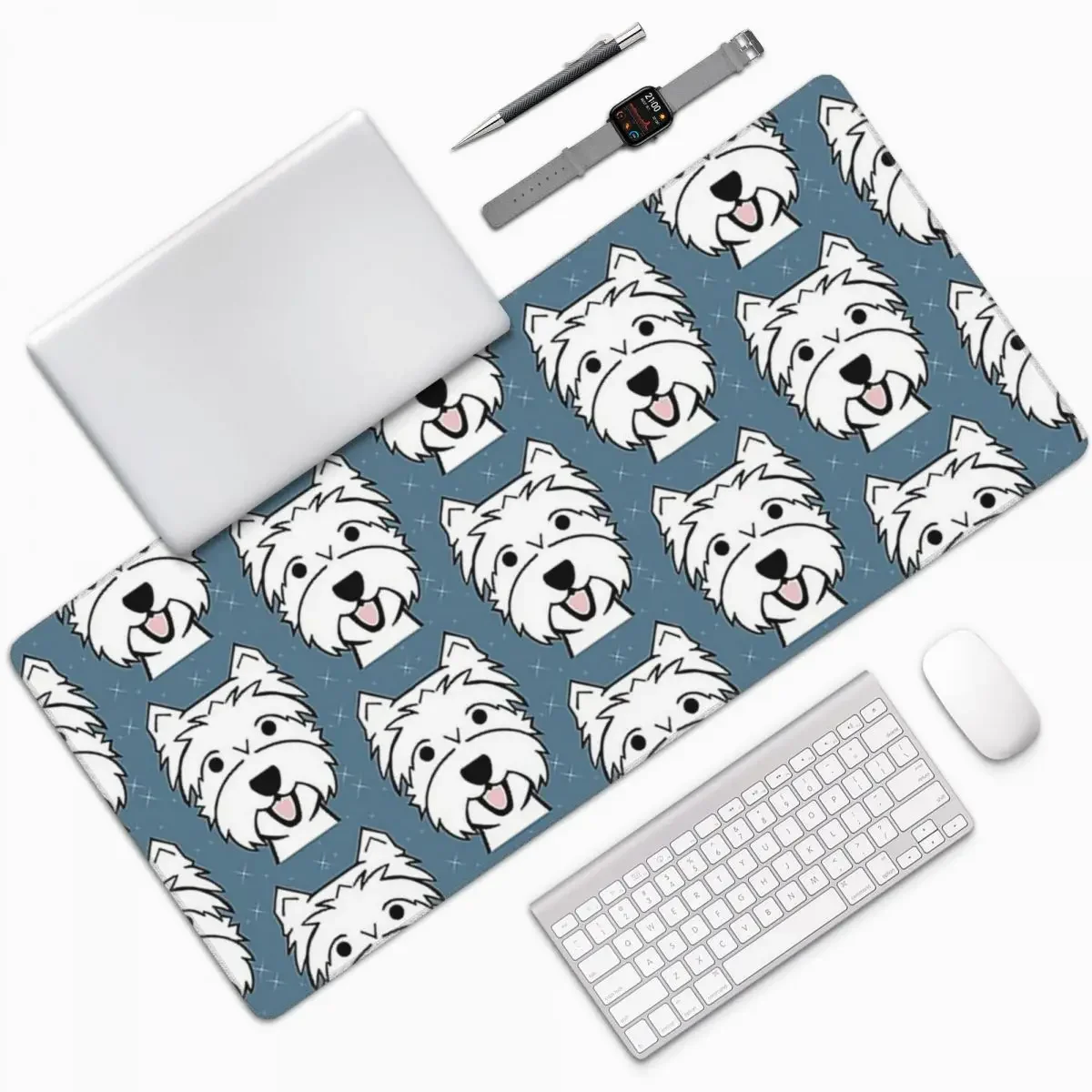 West Highland Terrier - Westies - Westie Dogs - Blue Large Mouse Pad Computer Keyboard Mouse Mat Gaming PC Laptop Desk Mat