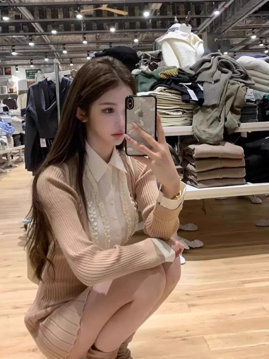 

Autumn Winter Plaid Shirt Collar Pleated Short Skirt Women Pure Desirable Spicy Waist Cinching Slimming Inner Knitted Dress