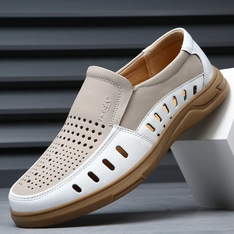 

Cowhide leather shoes perforated casual wear-resistant breathable anti slip Genuine leather soft men's sandals Male sneakers