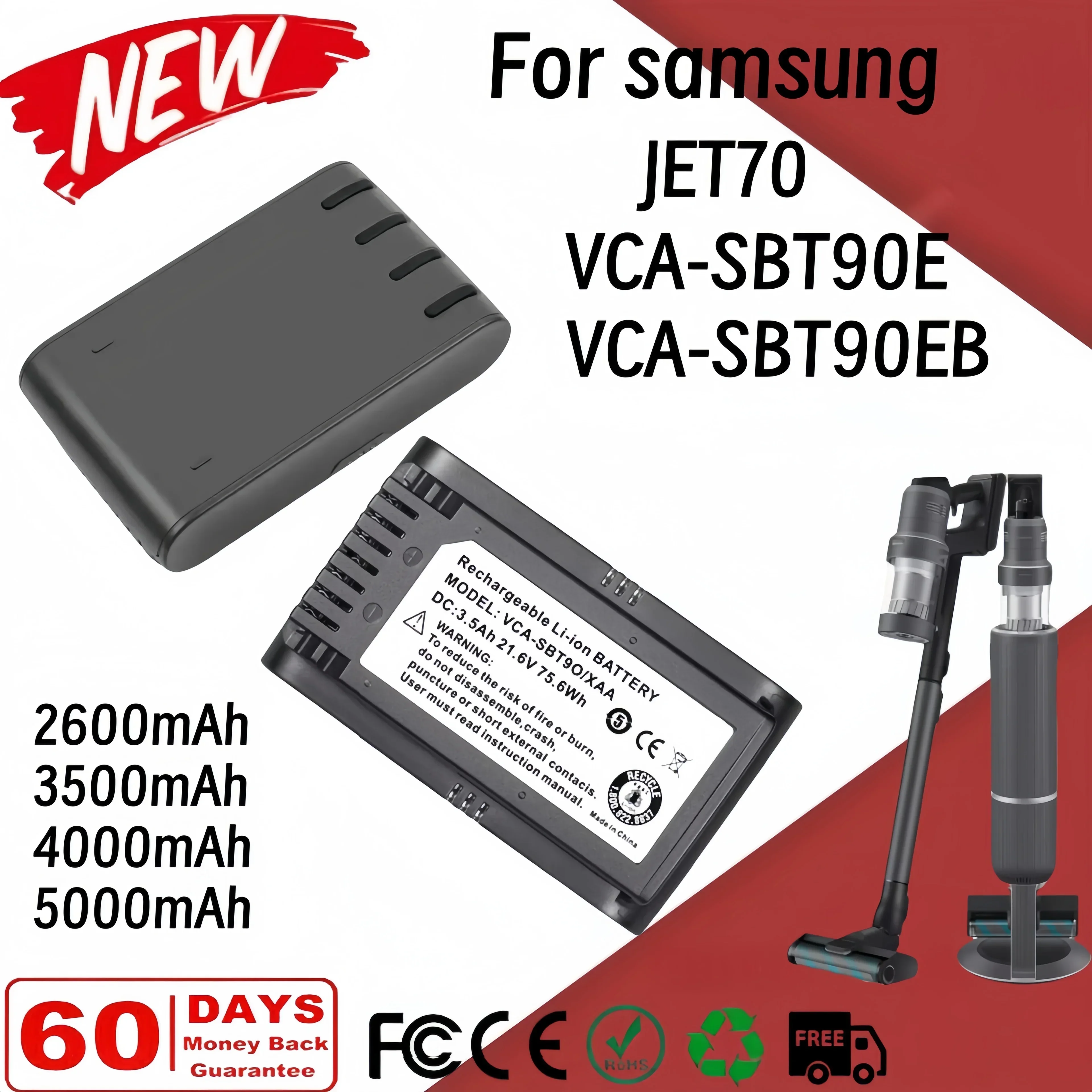 

New 21.6V 2400mAh Battery for Samsung VCA-SBT90E VCA-SBT90EB VCA-SBT90 VCA-SBTA60 Jet70 Pet Jet90 Jet75 Jet 60 Stick Vacuum