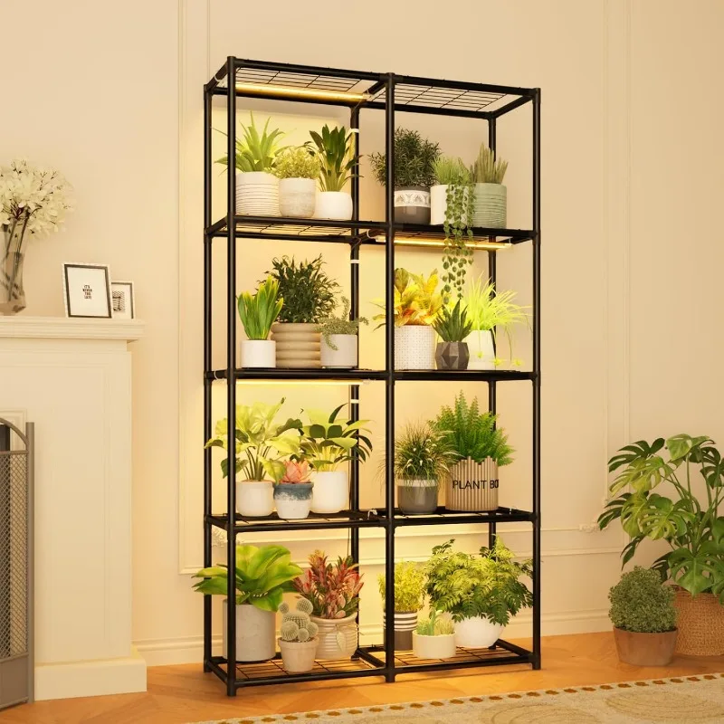 

Plant Stand With Grow Light Indoor Outdoor Tall Wide Plant Shelf Metal Waterproof Black Plant Rack for Multiple Holder