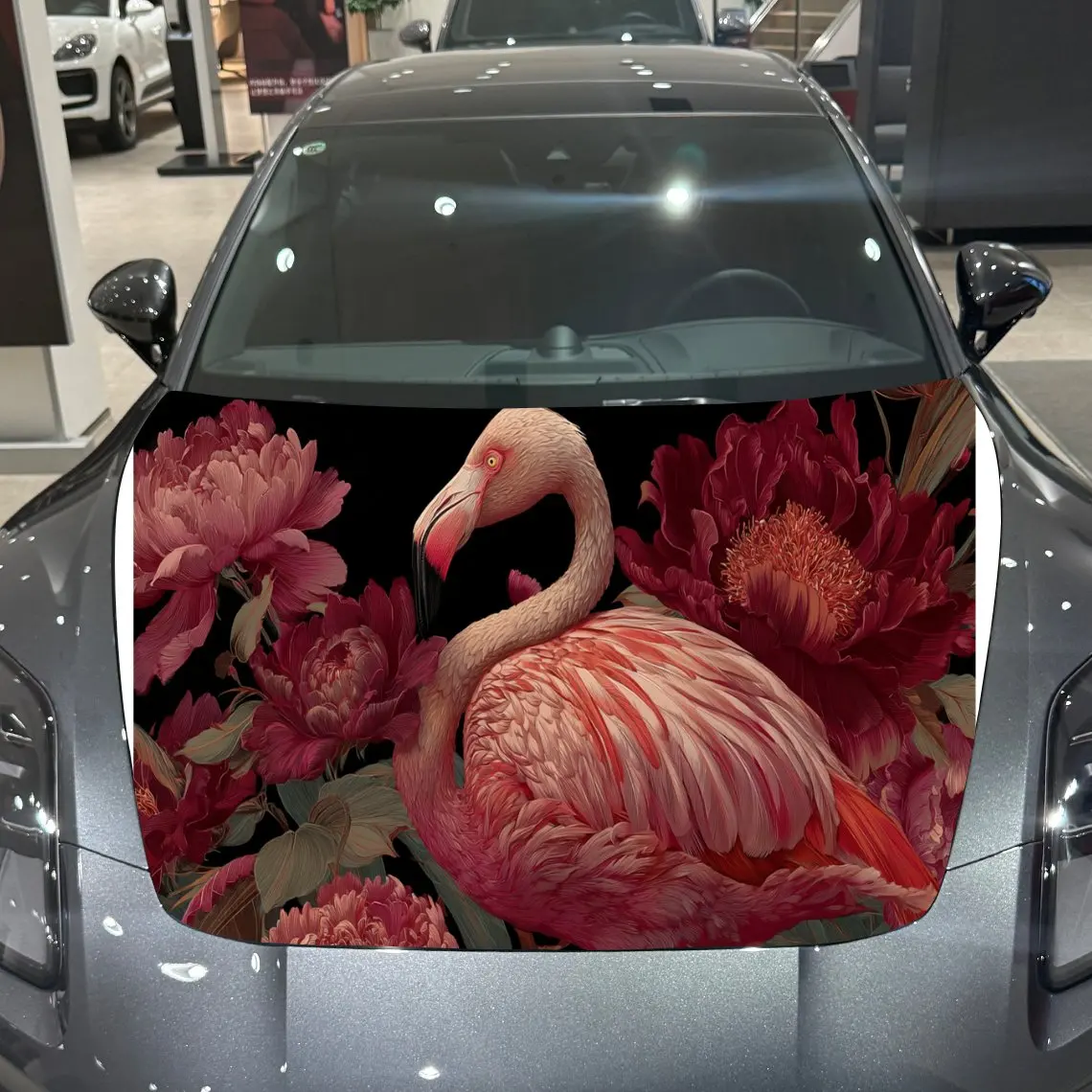 Peonies and Flamingos Car Hood Vinyl Stickers Car Surface Protection Decal Car Decoration Cover Vinyl Wraps Waterproof Self-adhe