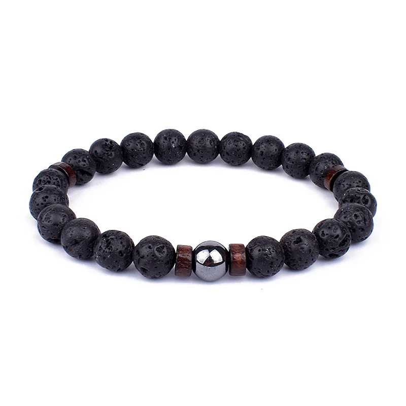 Fashion Natural Lava Stone Wooden Beads Energy Yogi Elastic Stand Bracelet Bangle For Men Accessorie Jewelry Valentine Gift