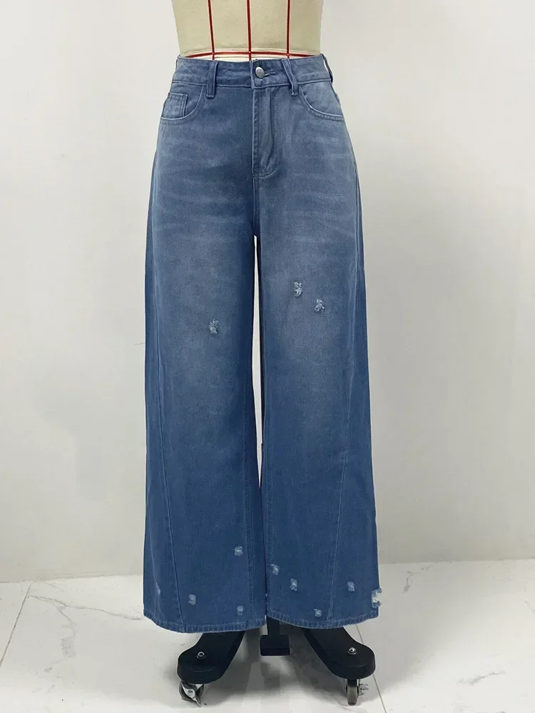 Hose mit weitem Bein, zerrissene Lochjeans, gewaschene Denim-Hose in voller Länge, gespleißte Jeans mit hoher Taille und Reißverschluss, lockere Passform, Basics, Taschen