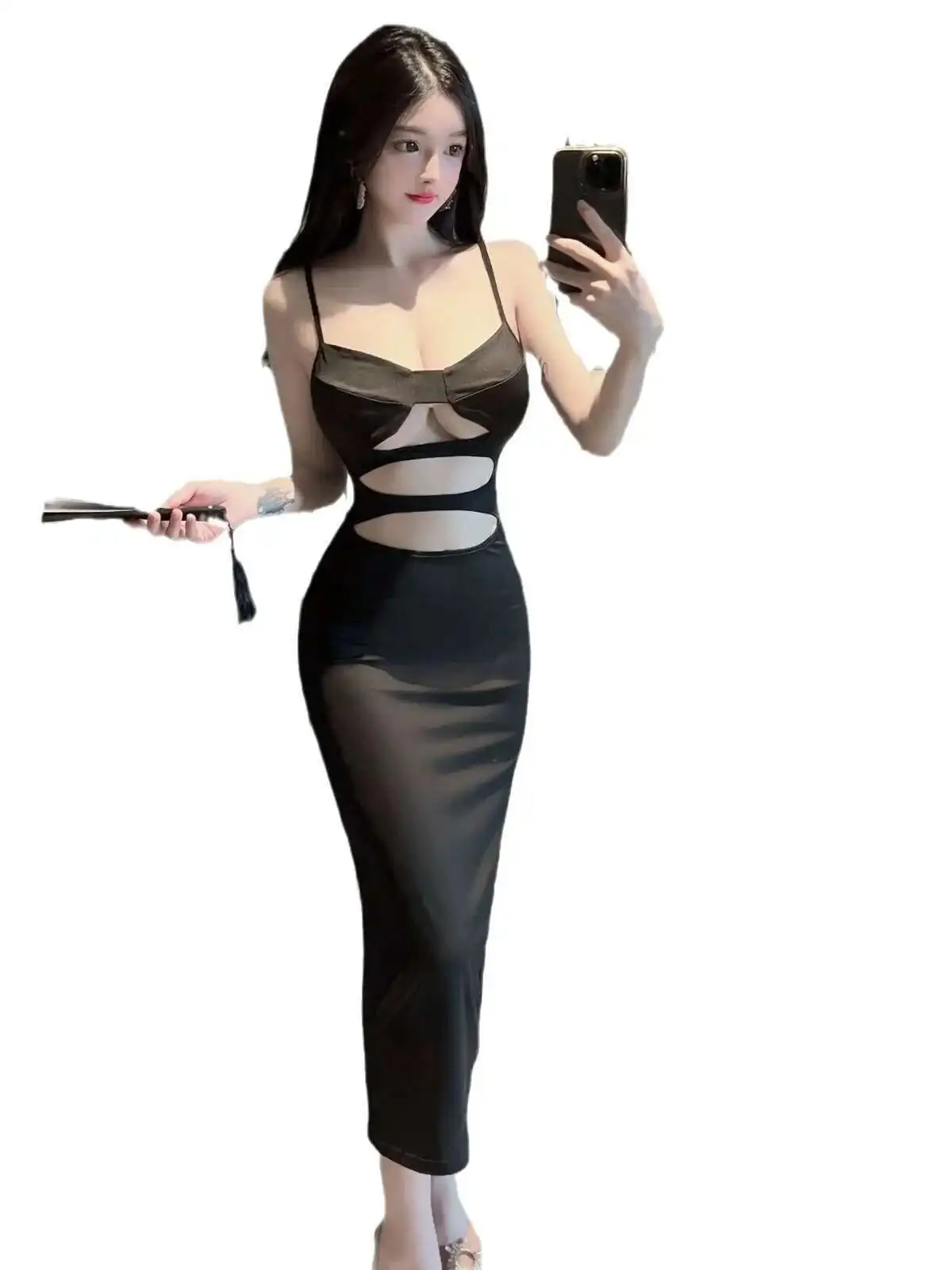 WOMENGAGA, vestido Sexy picante de estilo de niña con cintura ahuecada, vestido ajustado a la cadera para la playa, vestidos largos elegantes y dulces 3HHA