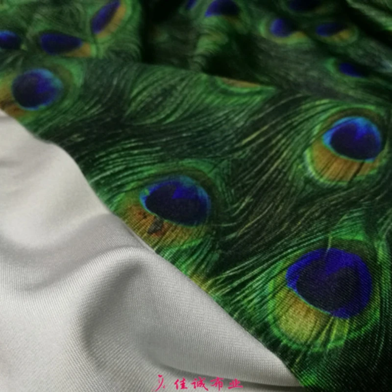 YLM Four-sided Large Stretch Spandex Bottom Peacock Feather Tail Printed Fabric Latin Dance Clothes Swimsuit Fabric