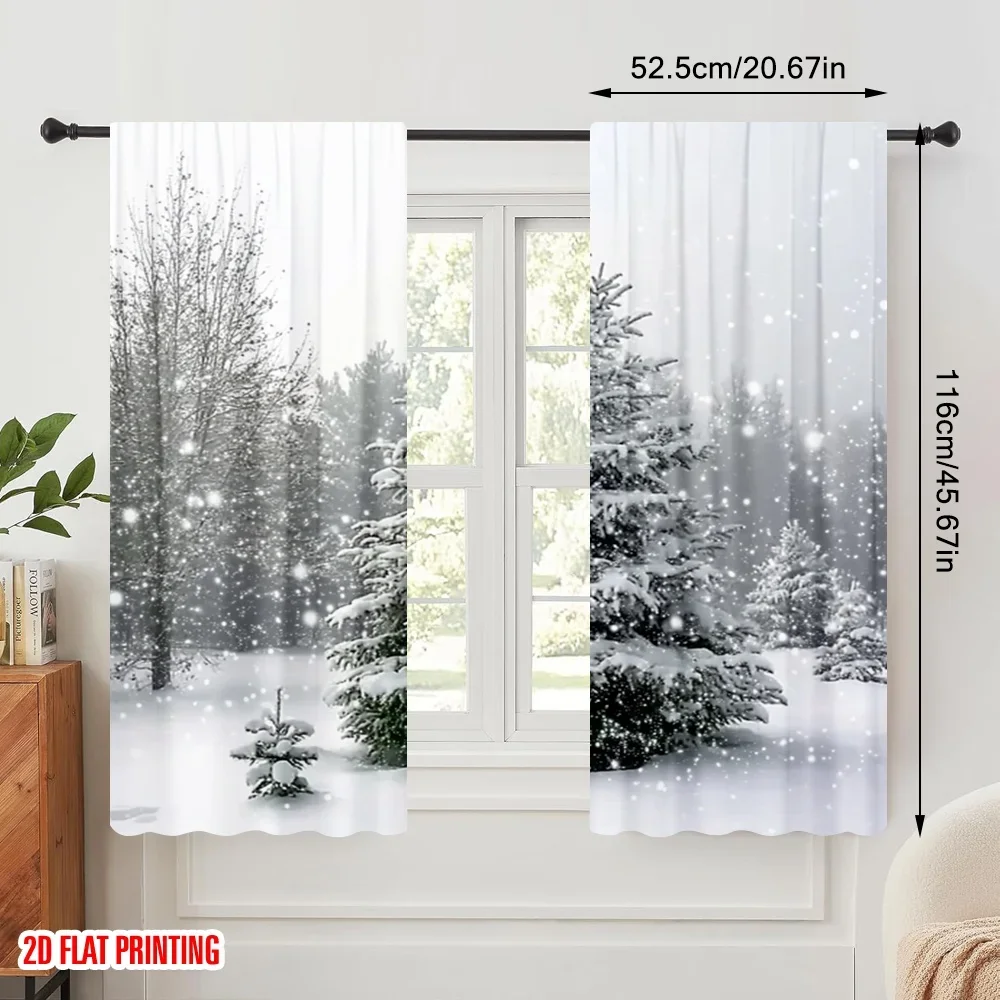 2pcs,2D plane printing Curtains Digital Printed Snowy Forest Christmas Tree Holiday (2) Polyester Fabric (without rod) Festive