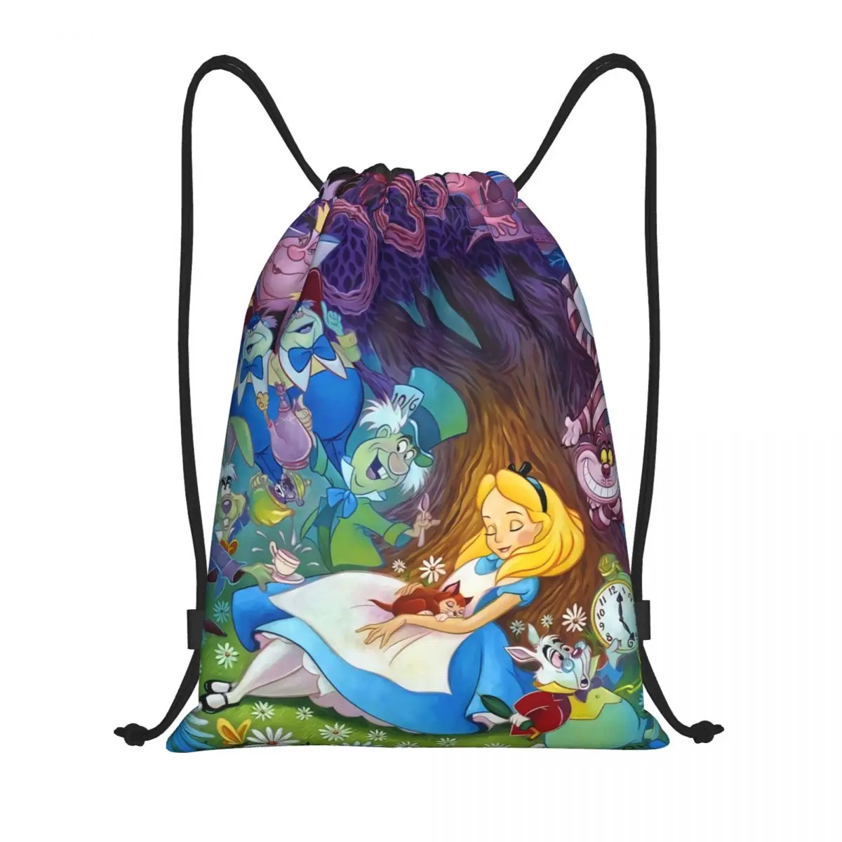 Custom Cheshire Cat Cartoon Alice In Wonderland Drawstring Bag Women Men Foldable Gym Sports Sackpack Shopping Backpacks