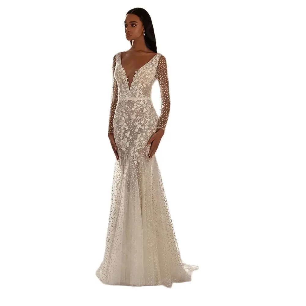 Unico in vendita abiti da sposa 2024 abiti da sposa a sirena maniche lunghe abiti da sposa scollo a V Robe de mariée Lace Back Out