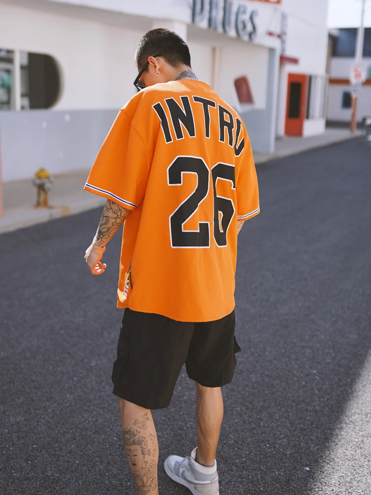 Loose Unisex Hip Hop Baseball Short Sleeve Open Cardigan Street Dance T-Shirt Orange Color Polyester Spandex Blend Summer Wear