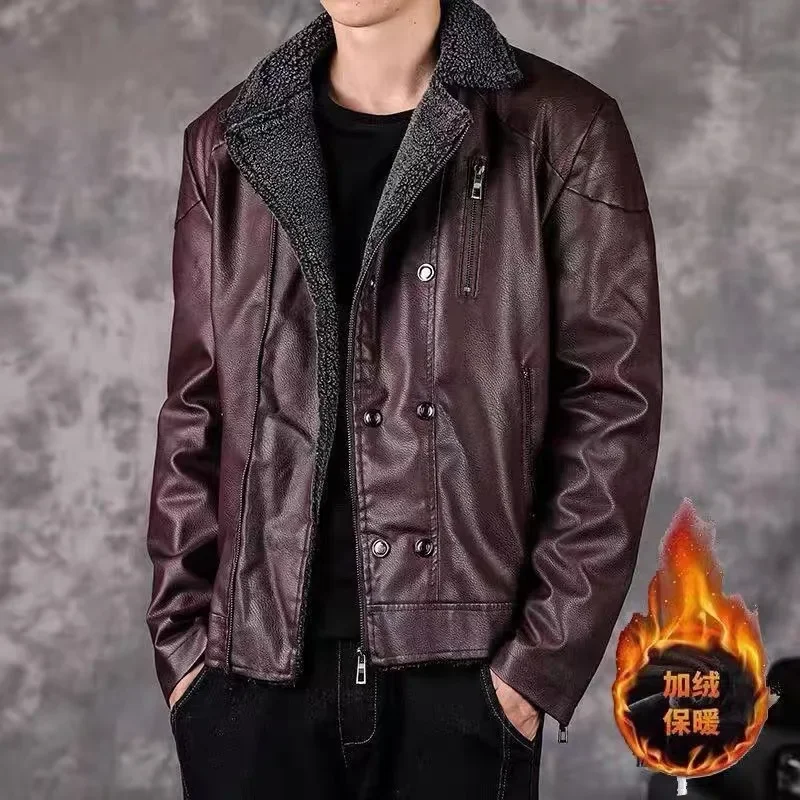 2025 men's new autumn and winter models, velvet PU leather jacket, youth locomotive, thermal leather jacket