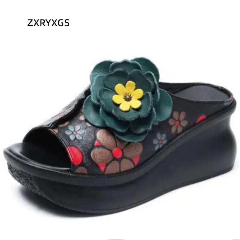 

ZXRYXGS 2024 Summer Premium Cowhide Classic Flowers Printing Women Fashion Slippers Platform Wedges Slippers Beautiful Sandals