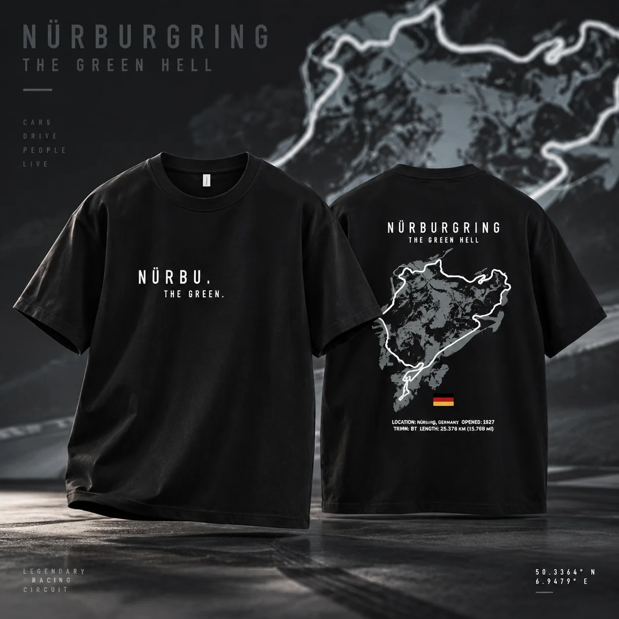 Men's Nurburgring -Camiseta North Loop Circuit Map printed pure cotton short-sleeved T-shirt Casual wear for car enthusiast