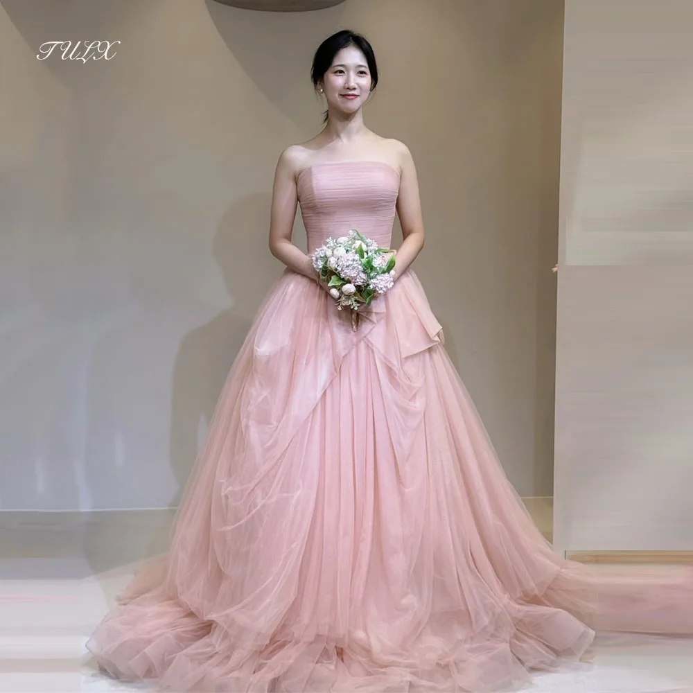 TULX 프린세스 튤 핑크 이브닝 드레스 한국 웨딩 야외 사진 촬영 스트랩리스 A라인 롱 파티 드레스 코르셋 맞춤 제작