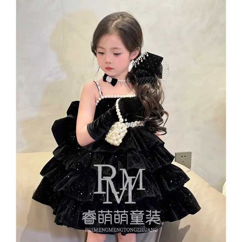 Baby Girls Summer Black Sweet Lolita Shiny Princess Ball Gown Layed Cake Dress Backless Sundress Birthday Wedding Clothes