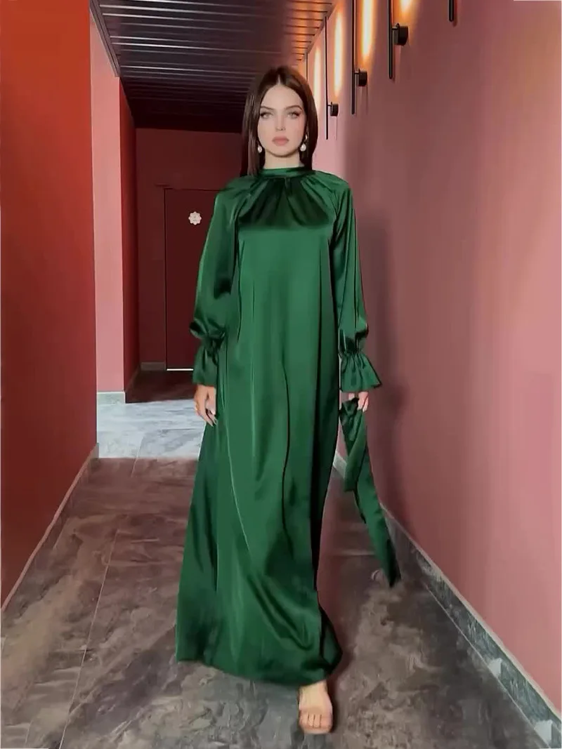 Eid Ramadan Muslim Dress Women Satin Lace-up Flare Sleeve Maxi Jalabiya Vestidos Largos Dubai Party Evening Dresses Summer 2024