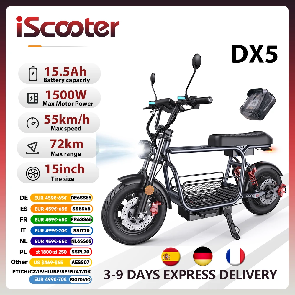 Trottinette électrique iScooter DX5 1500W, batterie 48V 15.6Ah, vitesse maximale 55 km/h, autonomie 60-72 km, avec siège et panier, pneus 15 pouces avec NFC
