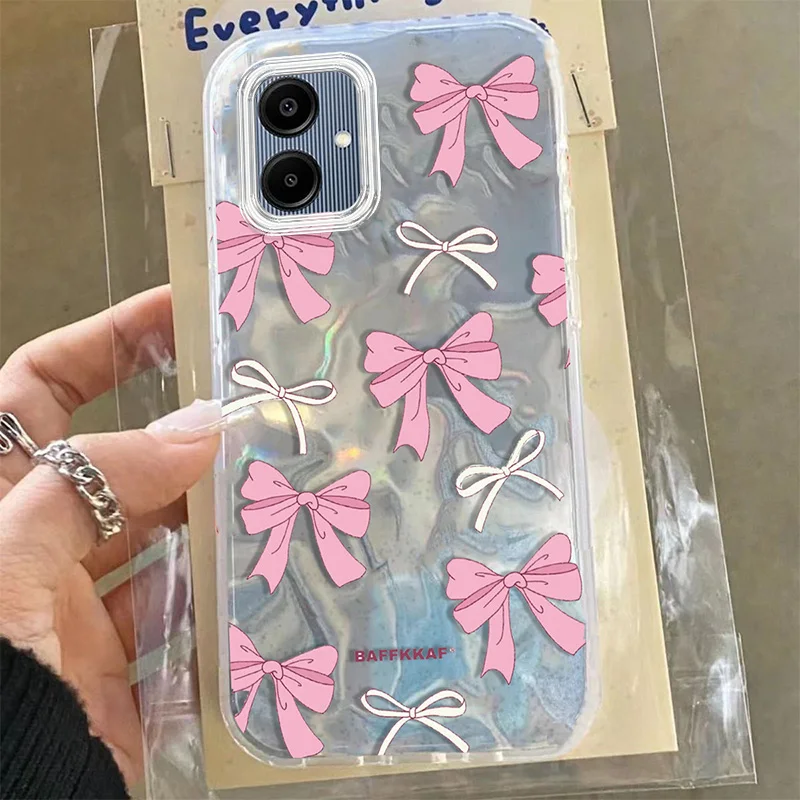 Laser Bowknot Floral Glitte Case For Samsung Galaxy A16 A06 A05 A05S A15 A25 A35 A55 Girl Cartoon Ripple Gloss Phone Cover Cases