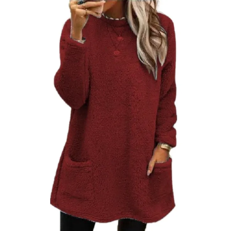 Long Sleeve Pocket Hoodie with Patchwork Elegant Commuting Women Sweatshirt Urban Loose Fit Round Neck Pullover Autumn Casual