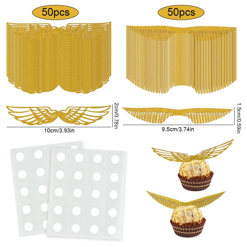 50Pcs Gold Wings Chocolate Cake Decoration Angel Wings Wizard Cupcake Topper Snitch Wedding Birthday Party Decor