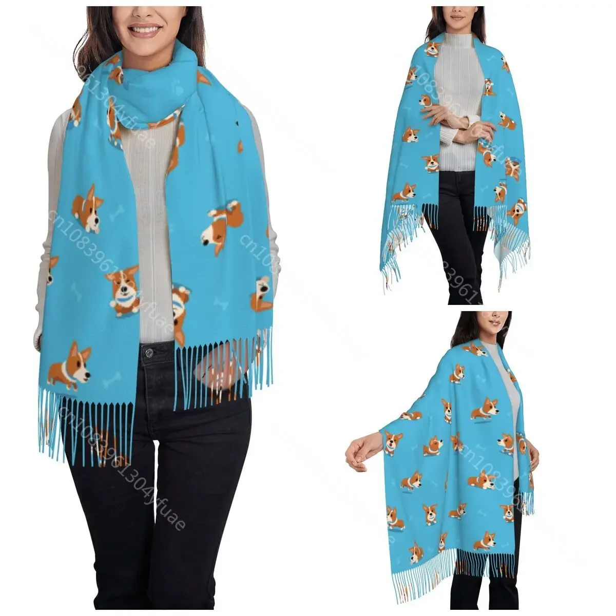 Cartoon Corgi Dog Scarf for Womens Warm Winter Pashmina Shawls and Wrap Dogs Long Large Scarves with Tassel for Evening Dress