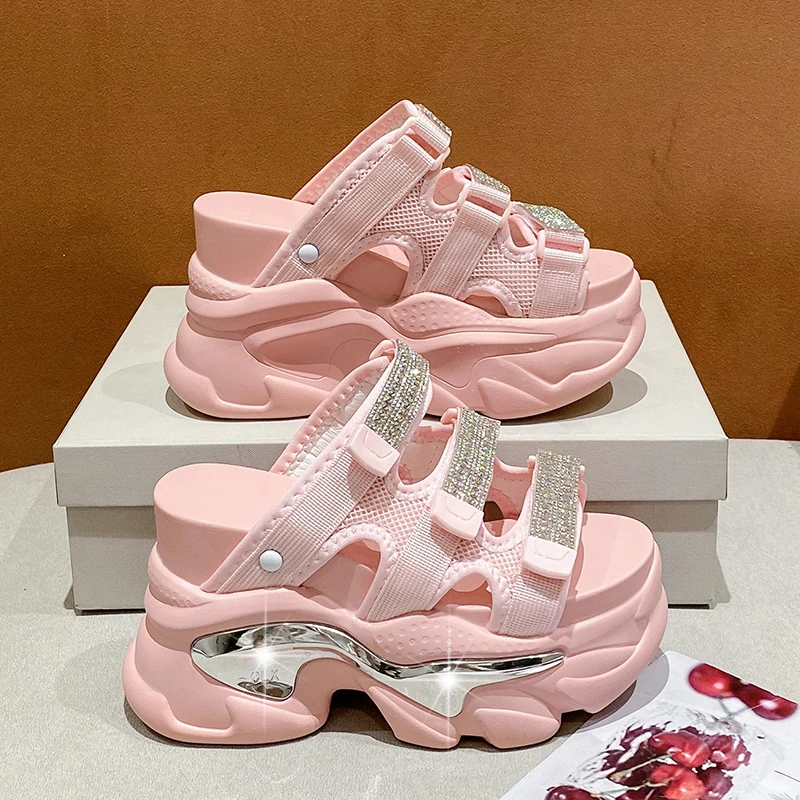 

10.5cm Summer Breathable Mesh Slippers Women Outside Chunky Sandals 2025 Wedges Platform Crystal Shoes Woman Beach Flip Flops
