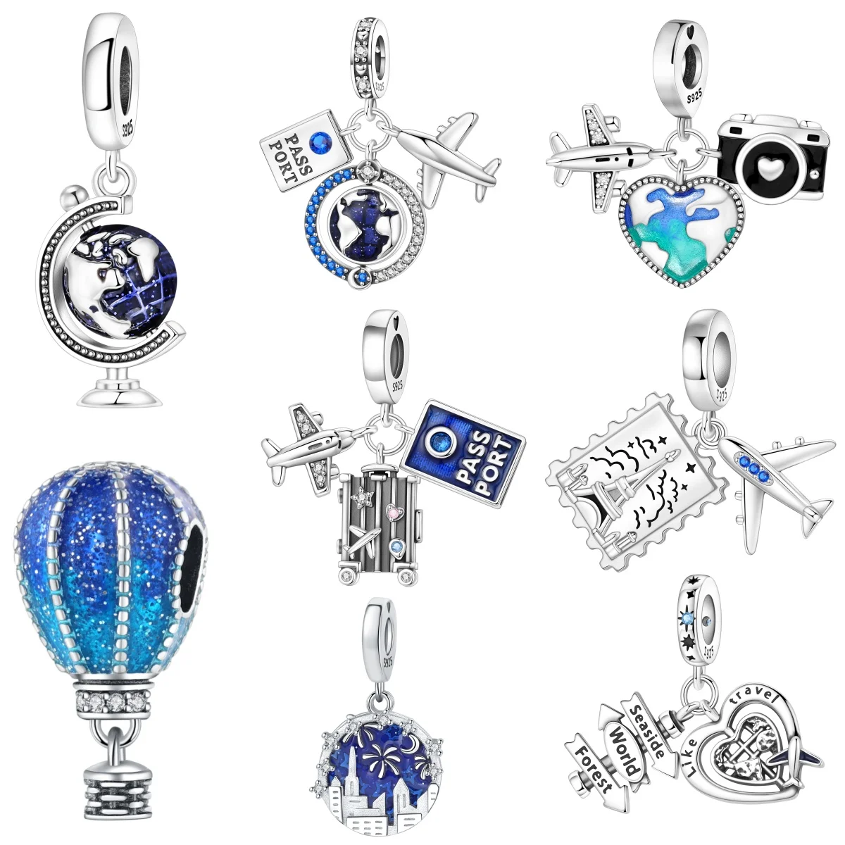 

Подвеска MISEFF S925 из стерлингового серебра: синий воздушный шар, самолет, чемодан. Подходит для оригинальных браслетов. Для создания украшений своими руками. Подарок.