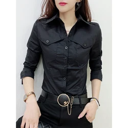 2024 New Fall Winter European Clothes Shirts Office Lady Pockets Blouses Fashion Sexy Button Up Women's Long Sleeve Tops 311127