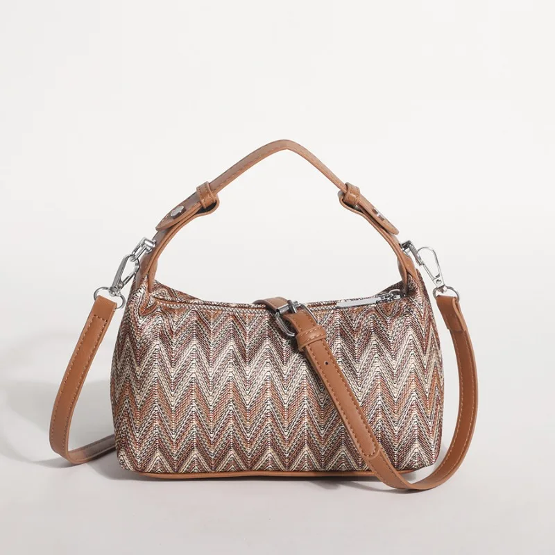 Bohemian Ethnic Style Vintage Woven Handbag Wave Pattern Zipper Closure Pillow-shaped for Casual Vacation, Women's Crossbody Bag