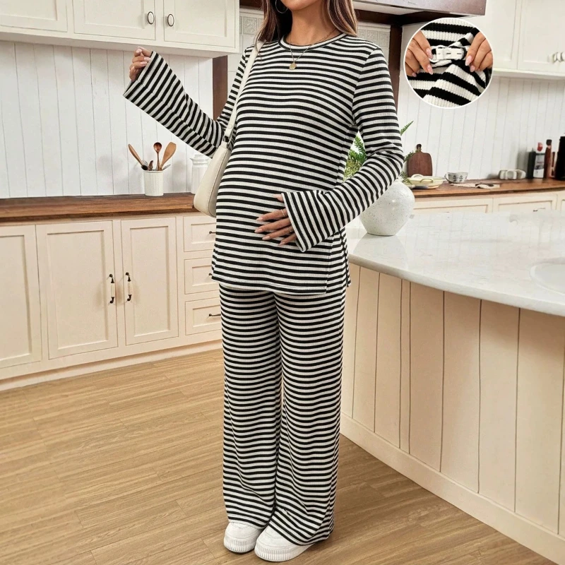 European And American Autumn And Winter Maternity Wear 2-Piece Set With Flared Sleeves Waist Adjustable Straight Leg Pants Set