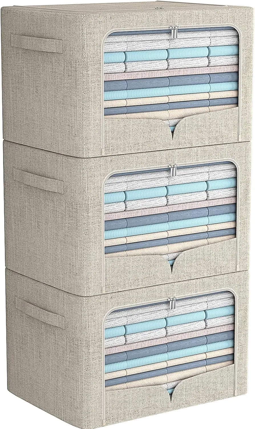 

Набор складных коробок для хранения с металлическим каркасом - штабелируемые органайзеры из льняной ткани с прозрачным окном, бежевые, 19,7x15,7x13 дюймов