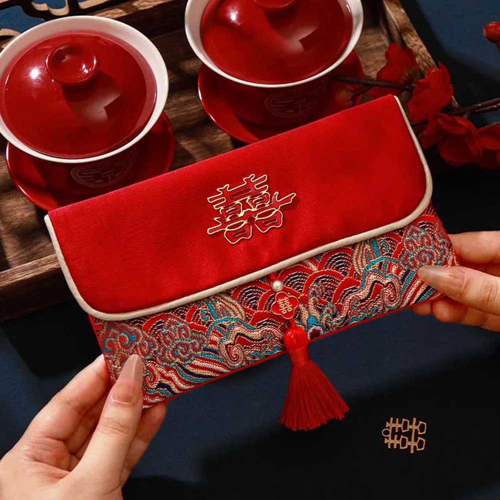 New Year Blessing Words Brocade Red Envelope Spring Festival Brocade Cloth Tassel 2025 Money Pocket Best Wishes Embroidery