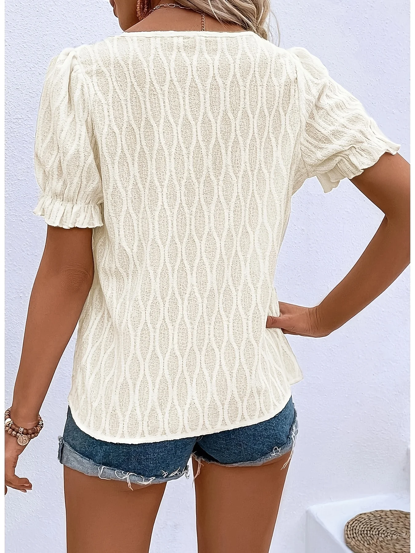 Euro-American Style Off-White Textured Top for Young Women, Puff Sleeves & Ruffles, Versatile T-Shirt for Casual Daily Wear