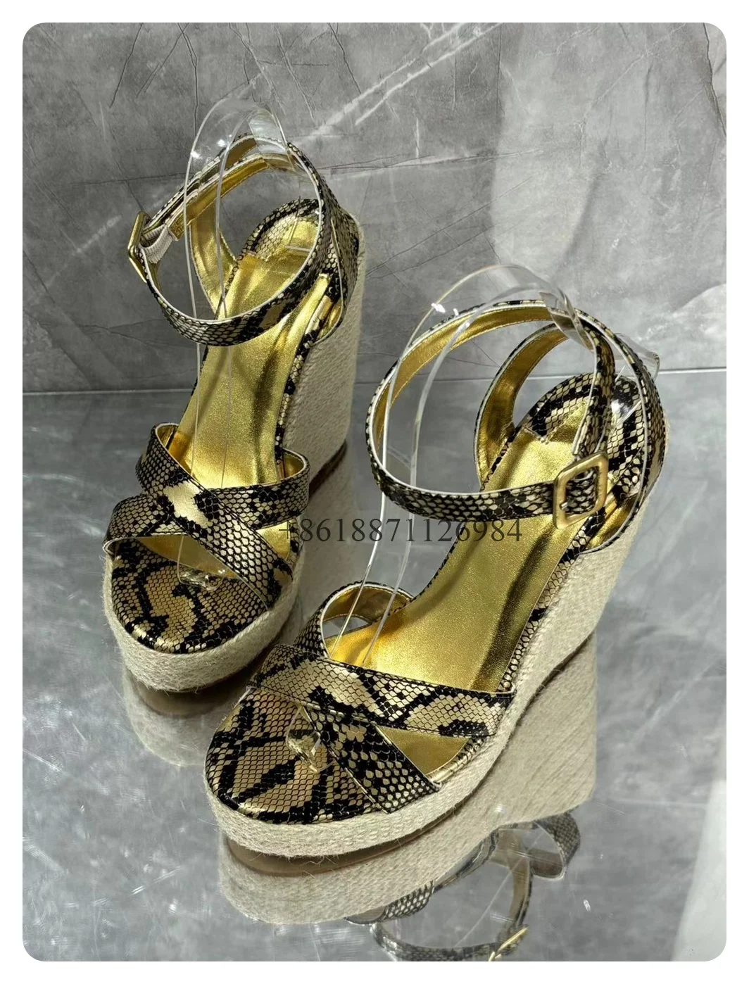 

Ankle Strap Print Round Toe Platform Summer Women Modern Sandals Wedges High Heels Buckle Straap Design Large Size Shoes