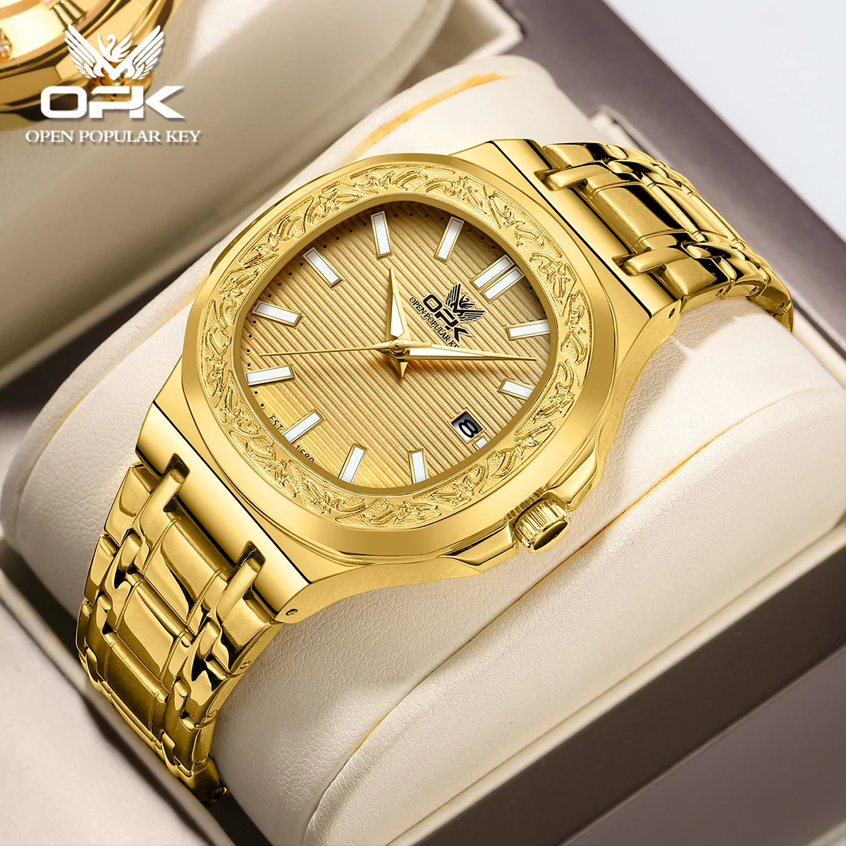 OPK 8145 Mens Watch Simple Original Square Dial Quartz Watch Stainless Steel Watches For Man Waterproof Luminous Calendar Men