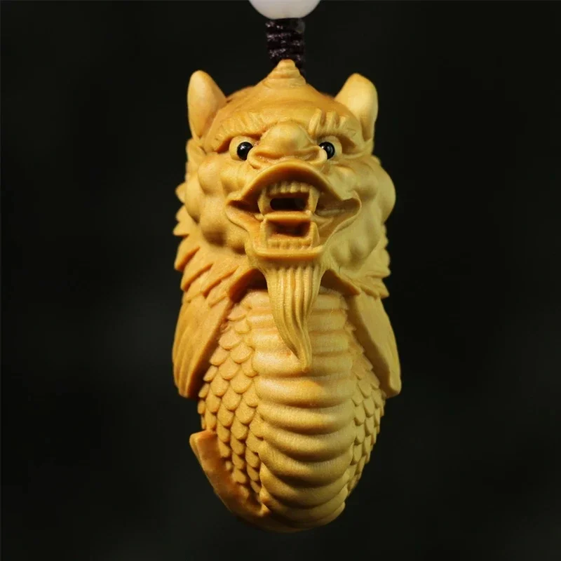 Boxwood 5CM Dragon Fish Animal God Pendant Solid Wood Car Hanging Lucky Wood Statue Mythical Animal Sculpture Home Decor