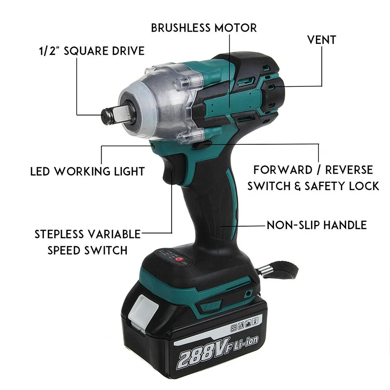 288V 1/2\'\' 800NM Cordless Electric Impact Wrench Gun Driver Li-ion 1/2 Battery AC 110-240V One Battery and One Charge Power Tool